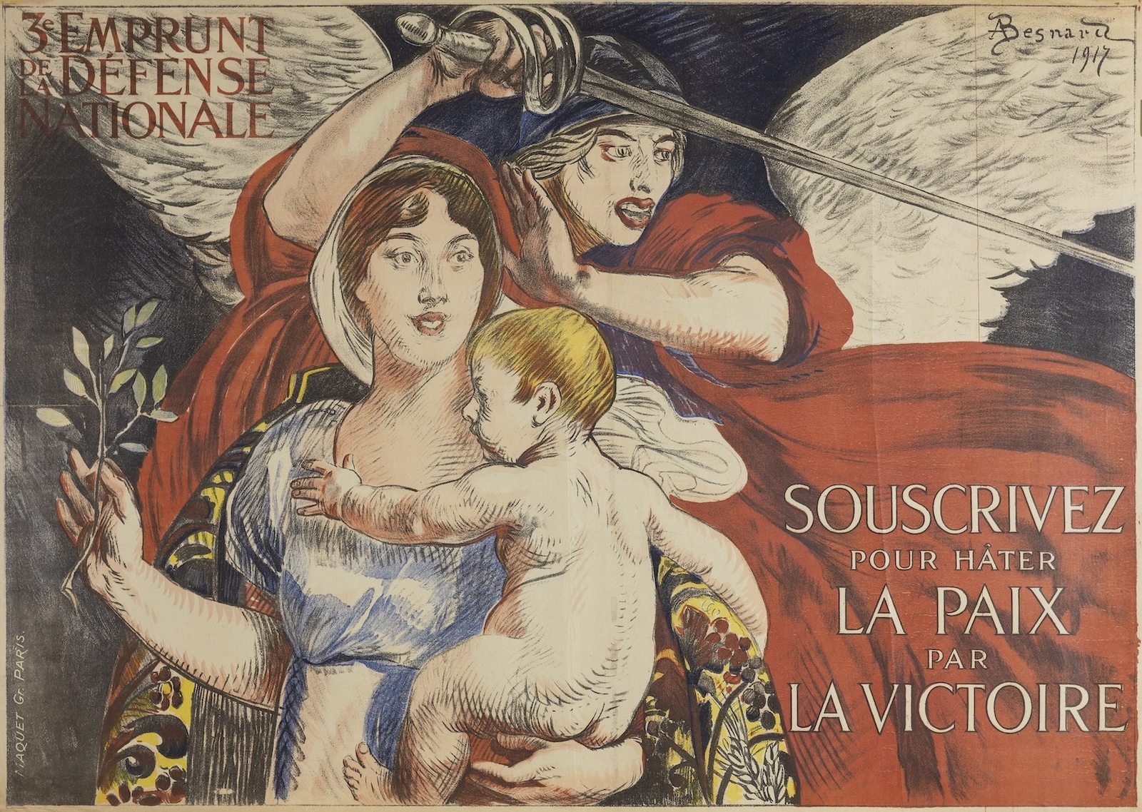 Paul Albert Besnard's lithograph shows a woman holding a baby in one hand and a twig with leaves in the other. An angel is behind her wielding a sword as if protecting her.