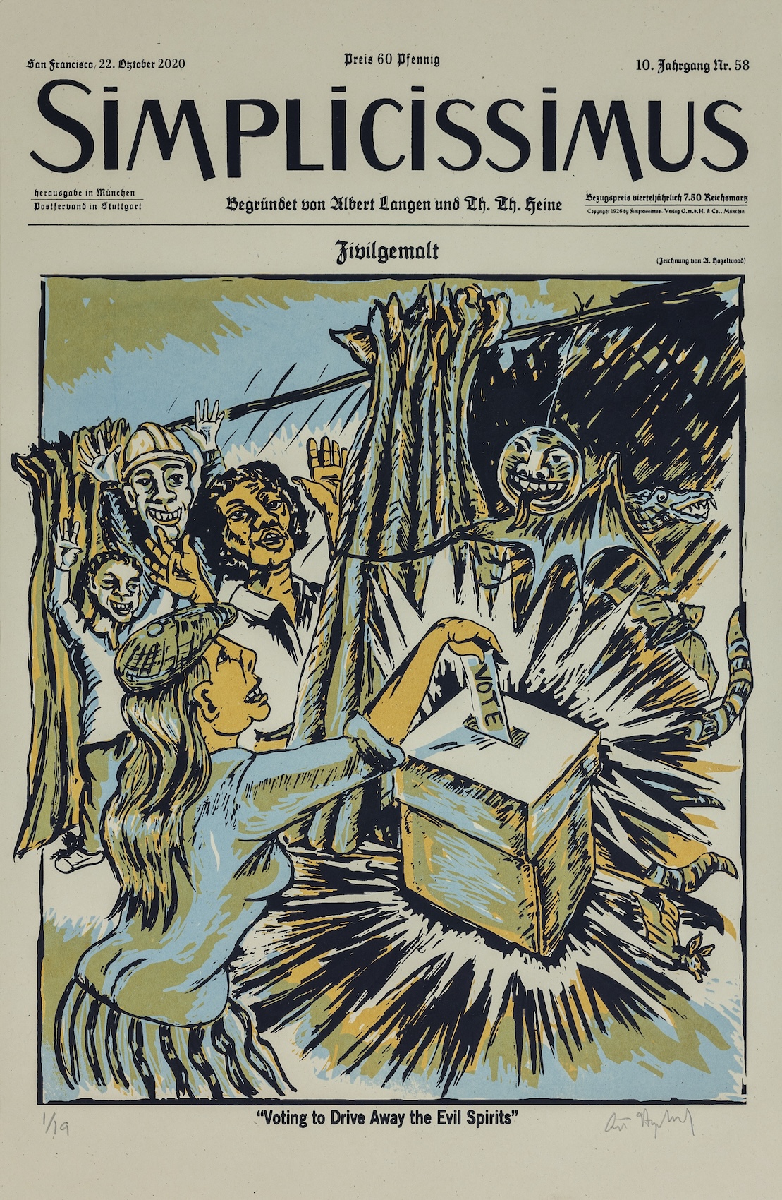 Art Hazelwood's print "Simplicissimus: Voting to Drive Away the Evil Spirits" shows a woman casting her vote into a ballot box as a small dragon-like creature and two bats fly away. Three people cheer in the background.