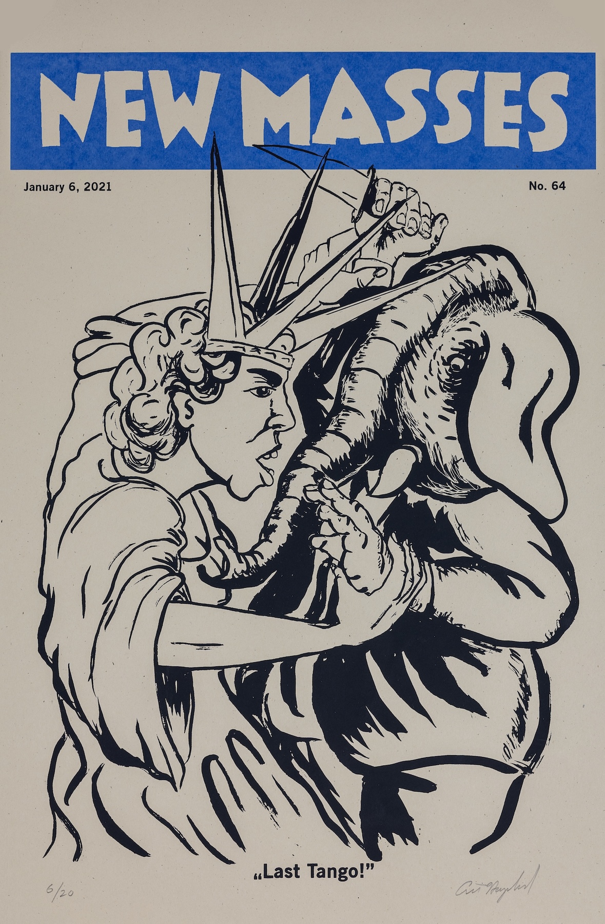 Art Hazelwood's print "New Masses: Last Tango" shows Lady Liberty restraining a clothed elephant who is trying to stab her with a knife.