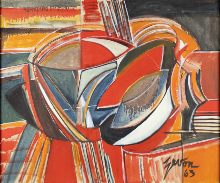 Irene Zevon’s abstract painting “Cosmogony” could almost be a still life of two objects on a tabletop, but its actual subject is unclear. Concentric and parallel lines in bright orange, black and muted blues and grays define and echo flat shapes, making them feel energetic and rounded.