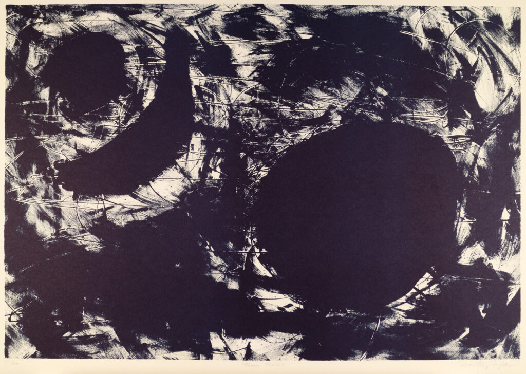 A fairly abstracted lithograph by Maltby Sykes in black on cream paper. Titled “Moon Phases,” it shows a crescent moon at left, a full moon at right, taking up most of the image, and perhaps a new moon (a smaller black circle) at top left. Most of the image is covered in black, including the moon shapes.