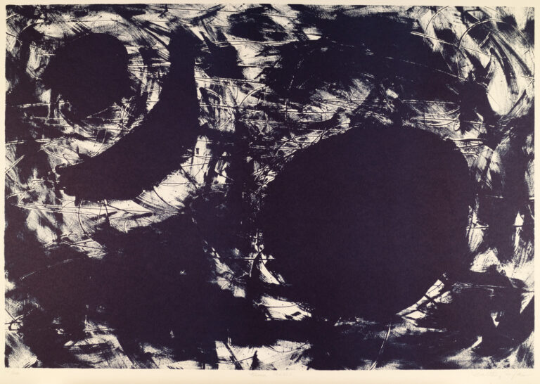 A fairly abstracted lithograph by Maltby Sykes in black on cream paper. Titled “Moon Phases,” it shows a crescent moon at left, a full moon at right, taking up most of the image, and perhaps a new moon (a smaller black circle) at top left. Most of the image is covered in black, including the moon shapes.