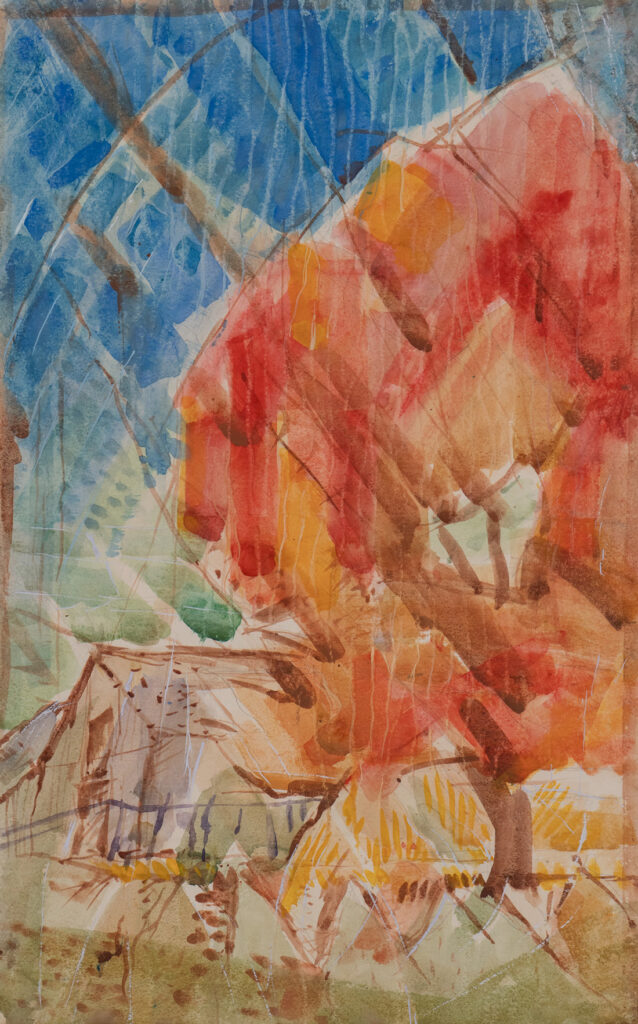 A loose, somewhat abstracted watercolor painting of a tree covered with red and orange leaves in autumn. Seen against a bright blue sky, it towers over a small house.