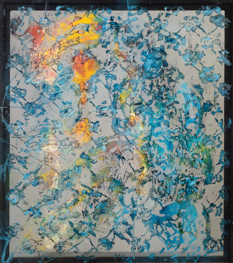 Joe Overstreet’s “Meridian Nights,” an abstract painting on stainless steel wire cloth, which is translucent. An overall pattern in blue resembles a chain link fence, behind which are glimpses of yellow and orange smears. We can’t tell what they are.
