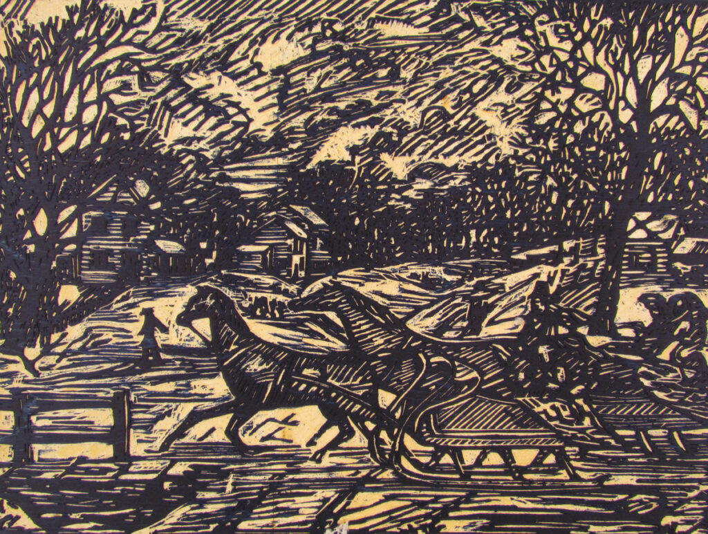 A wood block of a horse-drawn carriage dashing through the snow, a la “Jingle Bells,” carved by Libby Bailey and inked in black for printing.