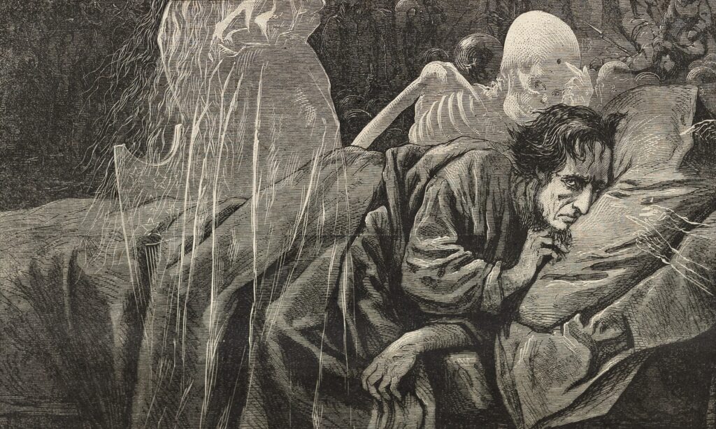 Wood engraving of a skeleton leaning over the shoulder of a man trying to sleep