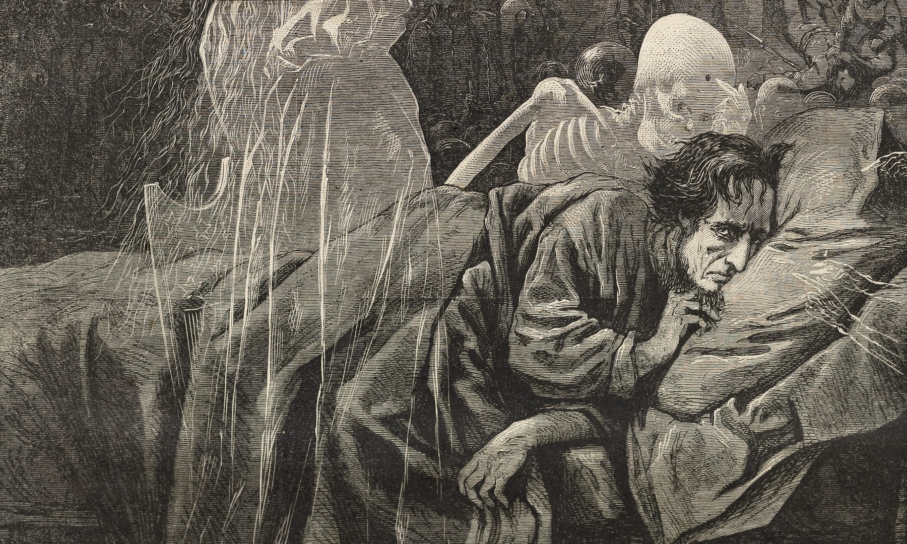 Wood engraving of a skeleton leaning over the shoulder of a man trying to sleep