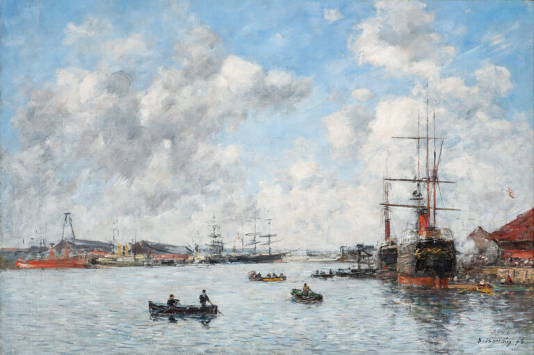 An impressionistic seascape by Eugene Boudin, with a big blue sky filled with fluffy clouds taking up most of the image. Big boats and small boats of various kinds float around a harbor.