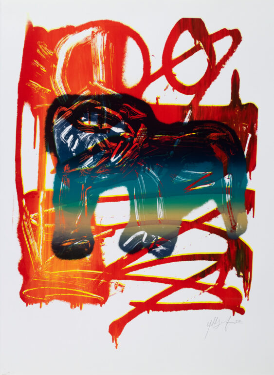 A seven-color screenprint by Yatika Starr Fields that features a stylized bulldog in shades of blue and yellow on top of abstracted shapes in orange, including a peace sign at the top left.