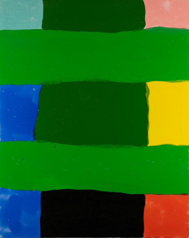 Hasani Sahlehe’s “Trying Green,” a large abstract painting of wide stripes of colorful, thick paint. Two green stripes cross the painting horizontally, created 9 smaller boxes of different colors in between them.