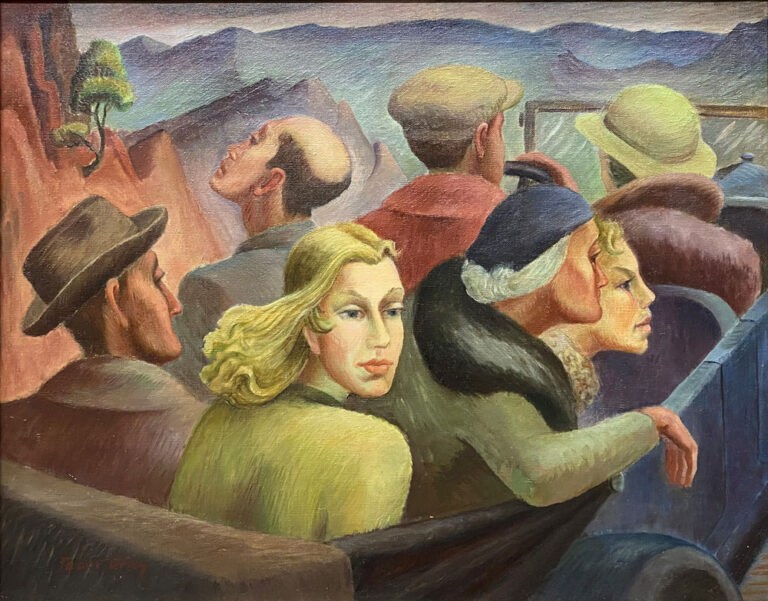 Tabor Utley’s painting “Sightseers (Garden of the Gods).” A car full of people, men and women, drives through a rocky landscape.