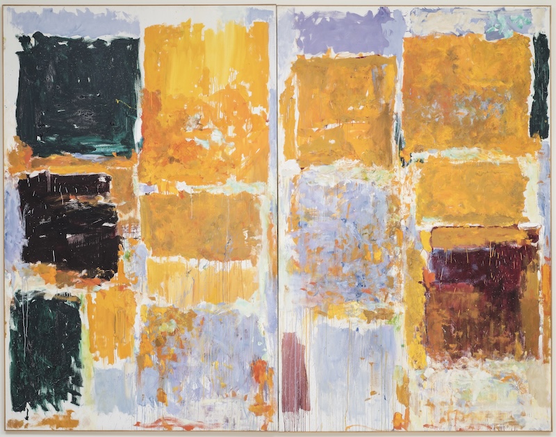 Joan Mitchell's abstract painting "Close" shows blocks of yellow, purple and green paint