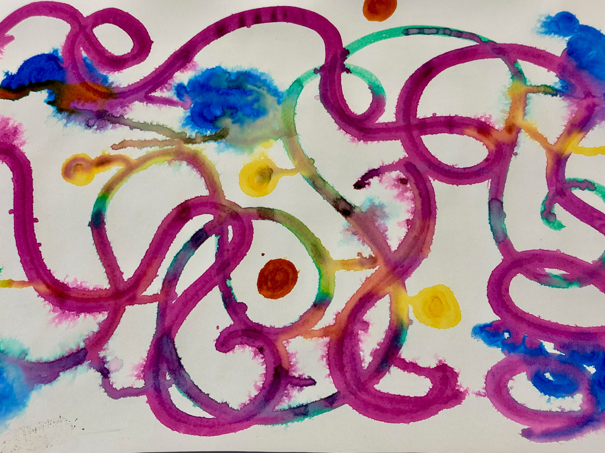 Art Activity example image, swirly, splotchy shapes on white paper in various colors.