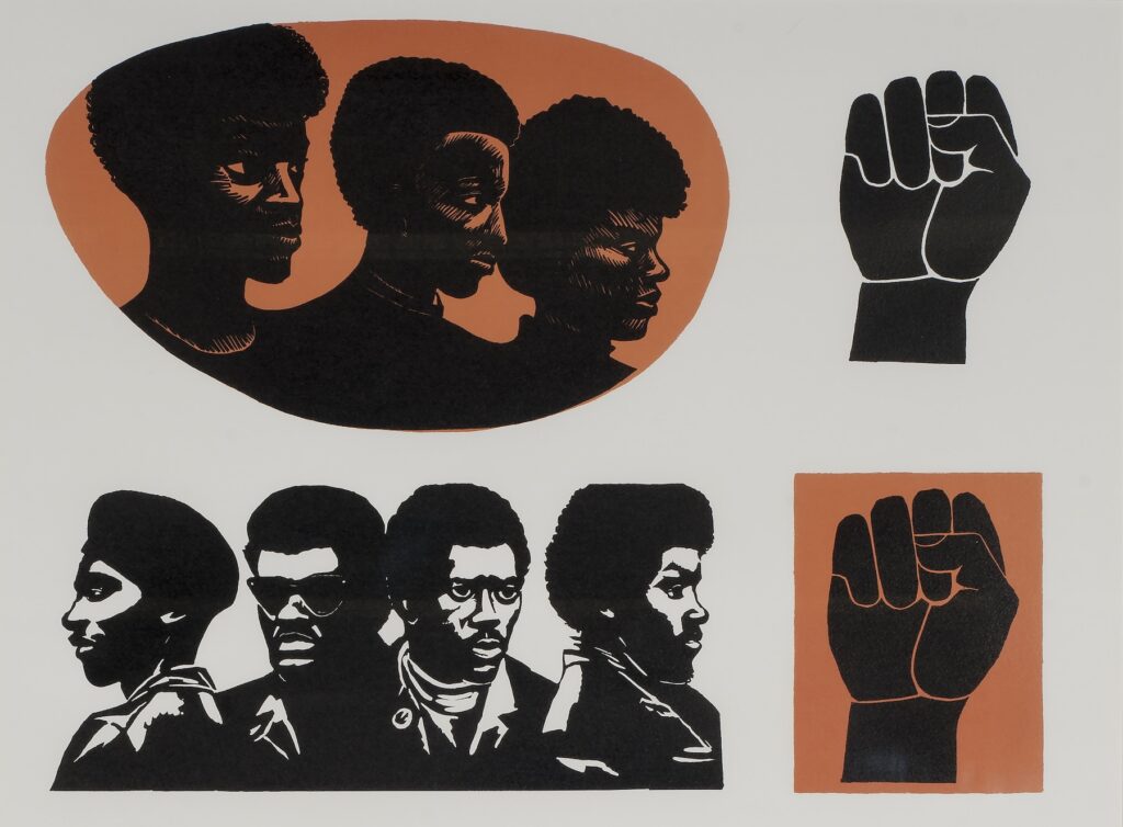 A detail of Elizabeth Cartlett's lithograph "Homage to the Panthers," shows two groups of Black Panthers and two raised Black fists.