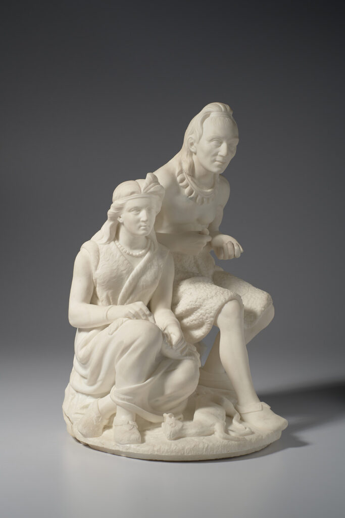 Edmonia Lewis' marble sculpture "The Old Indian Arrow Maker and His Daughter" shows two characters from Henry Wadsworth Longfellow's poem "The Song of Hiawatha."