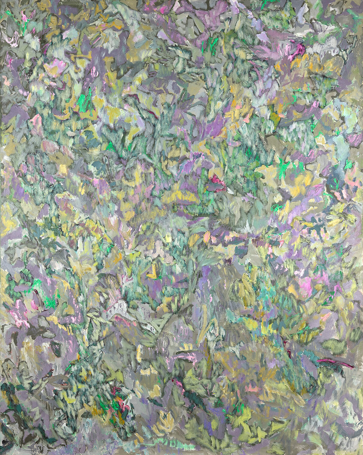 Painting of abstract purple, pink, and yellow shapes.