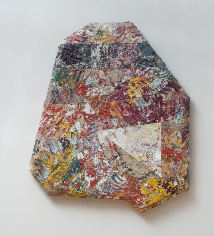 Sam Gilliam's "Patchwork/Terry" is an abstract painting on shaped canvas