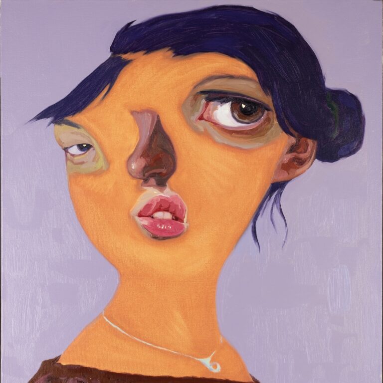 Yi Chen's oil painting "Naomi Wang's Anniversary" is a portrait of an Asian woman. Her hair is pulled back into a bun and she is wearing a necklace. Her right eye is significantly bigger than her left.