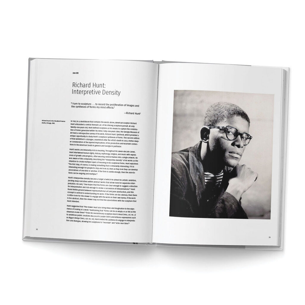 An inside spread of the book "Richard Hunt: Synthesis, 2nd Edition" shows an essay entry on the left page and a portrait of a young Richard Hunt on the right side