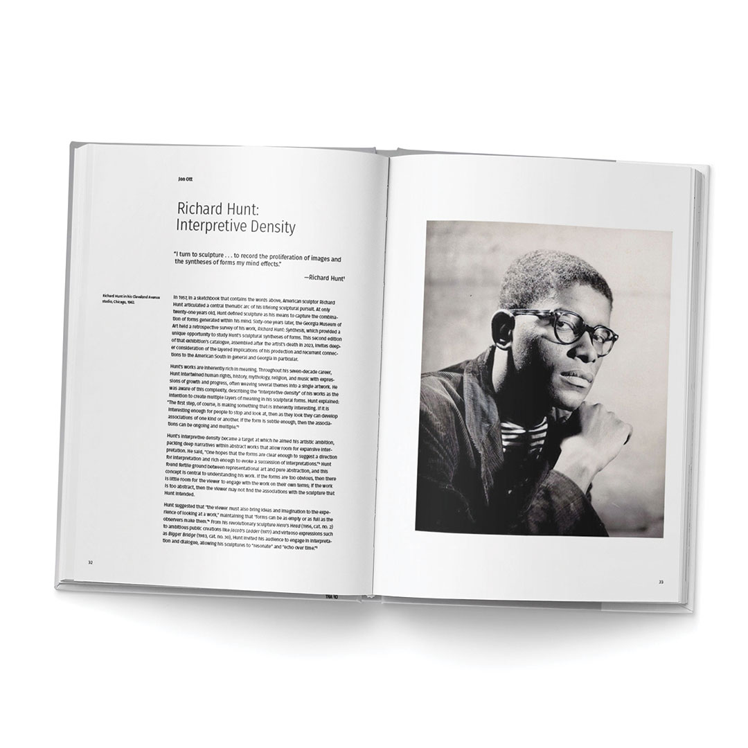 An inside spread of the book "Richard Hunt: Synthesis, 2nd Edition" shows an essay entry on the left page and a portrait of a young Richard Hunt on the right side