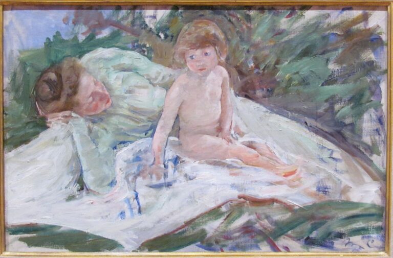 Mary Cassatt's oil painting, a study for "The Sun Bath," shows a woman in a long sea foam dress laying outdoors on a white blanket with a naked toddler.