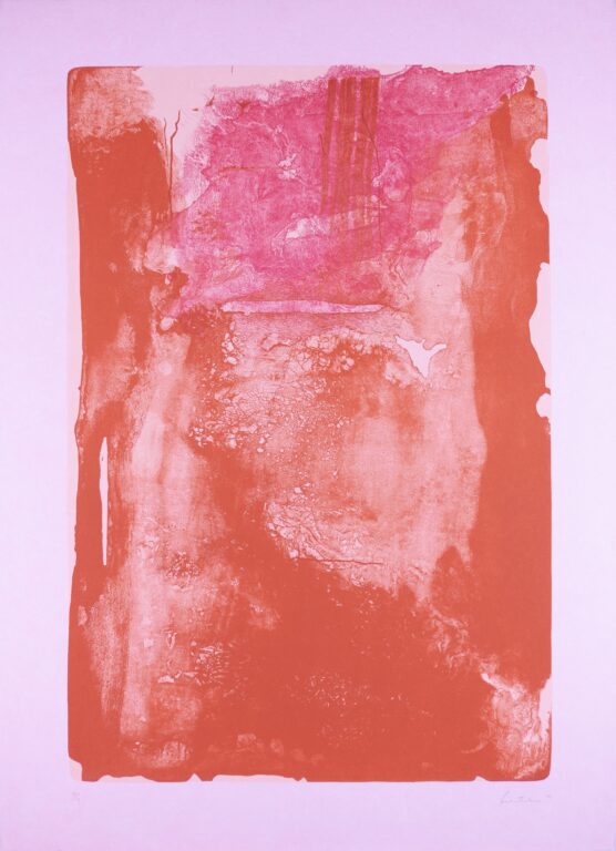 Helen Frankenthaler's lithograph "Divertimento" consists of red-orange and fuscia pigment on a pale purple-pink paper.