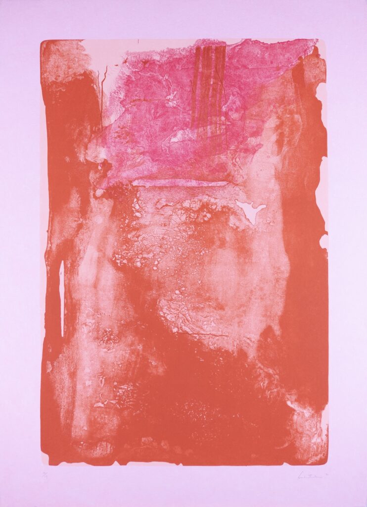 Helen Frankenthaler's lithograph "Divertimento" consists of red-orange and fuscia pigment on a pale purple-pink paper.